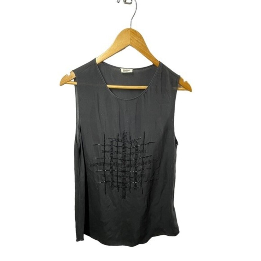 L'Agence Black 100% Silk Beaded Embellished Plaid Tunic Tank Top